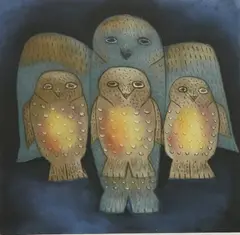 Family of Owls by Nikotai Mills, etching and aquatint in colors, 1996, offered Sep 2024