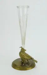 Ferdinand Pautrot, Crystal vase with, bronze base, etched trumpet form vase set in a bronze base with a bird eating a bee