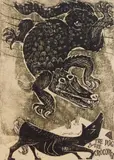 Antonio Frasconi, The Dog and The Crocodile, woodcut in two colors, 1950
