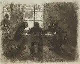 Käthe Kollwitz, Vier Manner in Der Kneipe, etching, 1892, as published by Van der Becke in 1931, blindstamp lower right