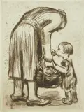 Käthe Kollwitz, Stehende Mutter, Ihr Bublein Futternd, etching, 1931, printed in 1933, published by Van der Becke, blindstamp lower rig