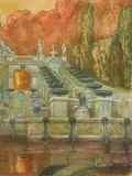 Alfredo Müller, La Grande Cascade de St. Cloud, aquatint in colors, 1930