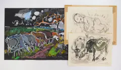 Sleeping Child; Water Buffalo & Cattle by Stream 3 by Margo Veillon, mixed media on paper, ca. 1960's, all, offered Aug 2024