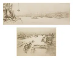 William Walcot, Loading Barges on the Thames & The Tyne 2 etchings with, drypoint, 1922, both
