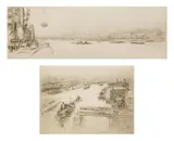 William Walcot, Loading Barges on the Thames & The Tyne 2 etchings with, drypoint, 1922, both