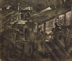 Subway Construction, Moscow by Albert Abramovitz, woodcut, 1935, offered Aug 2024
