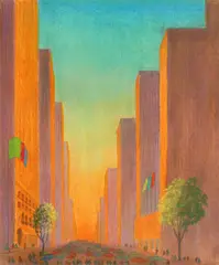 Gerald Geerlings, Lock Step of the Giants. (New York - 6th Avenue South of 54th Street1988), lithograph with pastel hand-coloring, 1988