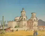 Leon Pescheret, San Xavier, Arizona, etching in colors, 1945