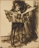 Martin Petersen, Man with Newspaper, etching, 1928, initialed and