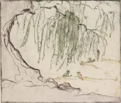 Max Pollack, Mexico-Weeping Willow on Lake Chapala, etching in colors