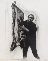 Veal Carcass- Skinner has lost Three Fingers by Sue Coe, mixed media on paper, 1991, offered Aug 2024