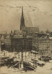 Luigi Kasmir, St. Stephens Cathedral, Vienna, etching and aquatint in color
