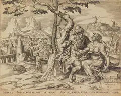Harmen Jansz Muller, Judah Gives Tamar His Signet Ring, engraving, after Maarten van Heemskerck, thread margins