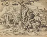 Harmen Jansz Muller, Judah Gives Tamar His Signet Ring, engraving, after Maarten van Heemskerck, thread margins