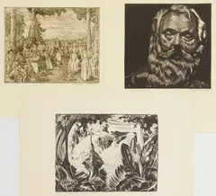 Sheffield Kagy, - Judgement-relief cut Paul B. Travis (American, 1891-1975) Clearing in the Congo-, lithograph Frank Wilcox (American 1887-1964)- Reunion- etching all