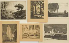 William Gisch, Ghost City; Harp of the Breeze; Cityscape; Three Ducks & Forest Scene 5 lithographs, all signed in pencil, together with an, etching of a landscape