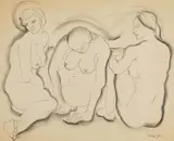 Natalie Eynon Grauer, Three Seated Females, charcoal and pen and ink on paper