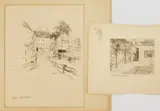 Kate A. Williams, Toot Bridge, Booth Bay Harbor- crayon on paper, signed in pencil taped on all 4 corners to sheet. Courtyard-