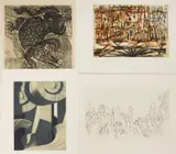 Antonio Frasconi, - The Dog and The Crocodile- wood cut. Hugh Kepets (American, 19-46 )- Met Gates II, aquatint. Rudy Pozzatti (American, 1925- )- Palazzo, Florence- etching and engra