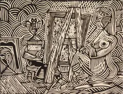 George Kocar, Artist and Model, linocut