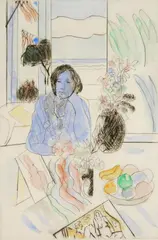 Matt Philips, Girl with Downcast Eyes, drypoint with hand-coloring, 1980