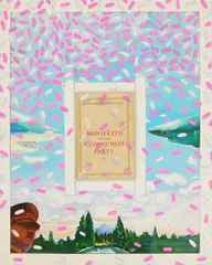 Manifesto of the Communist Party by Paul Spina, watercolor, ink and paperback collage on paper, c. a1975-80, offered Apr 2024
