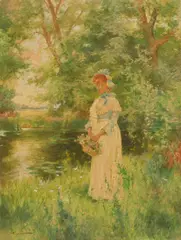 Woman Holding a Basket of Spring Flowers by Alfred Augustus Glendening, Jr., watercolor on paper, 1904, monogrammed and, offered Jun 2024