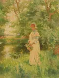 Woman Holding a Basket of Spring Flowers by Alfred Augustus Glendening, Jr., watercolor on paper, 1904, monogrammed and, offered Jun 2024