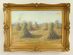 J. Robinson, Landscape with Haystacks, oil on canvas