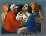 Figures Around a Table by Albert Pels, oil on canvas laid on panel, offered Jun 2024
