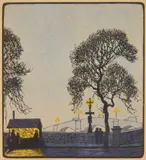 Hall Thorpe, Battersea Bridge, woodcut in colors