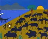Romare Bearden, Cattle of the Sun God, silkscreen in colors, 1979