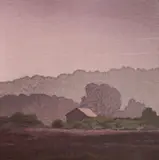 Micah Schwaberow, Morning Mist, Heath Township, woodcut in colors, 2008