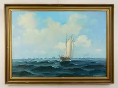 Wilhelm Victor Bille, Seascape with Boat, oil on canvas, initialed V. B. lower right