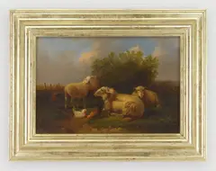 Cornelius Van Leemputten, Sheep and Chickens in a Landscape, oil on canvas (relined), 1870