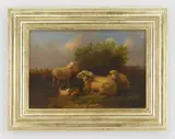 Cornelius Van Leemputten, Sheep and Chickens in a Landscape, oil on canvas (relined), 1870