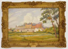 Cottages near Pulham (Norfolk) by Sylvester Stannard, oil on canvas, offered Mar 2024
