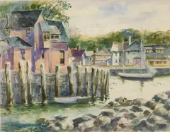 Henry Gasser, Waterfront Village, watercolor on paper