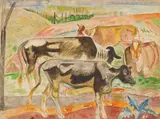 William Sommer, Cows in a Field, watercolor on paper