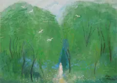Wray Manning, Girl in White in Forest, oil on Masonite