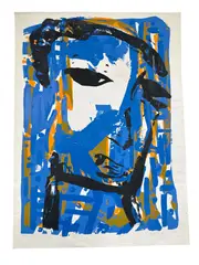 Pablo Romero, Carla, 1987, Color lithograph on Rives paper Markings: Hand-signed, titled, and dated in pencil; includes Rives watermark and embossed infinity symbol ($\infty$). Keywords Pablo Romero, Carla, 1987, lithograph, abstract portrait, female face, blue and orange, 80s art, limited edition, 67/95, hand-signed, Rives BFK, infinity symbol, Neo-Expressionism, graphic print.