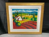 Vibrant stylized landscape featuring rolling hills by "The Farm" by Sveta Esser, serigraph, offered Jul 2026