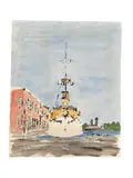 Title: USS Olympia at Dockside Artist: Elizabeth Thacher Booraem (Signed and dated '63) Medium: by Uss Olympia by Elizabeth Thacher Booraem, Watercolor and ink on paper (First, offered Jul 2026
