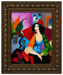 Itzchak Tarkay, Sitting Pretty, Acrylic on Canvas Signature: Hand-signed by the artist in paint along the lower right corner "Tarkay" Framing: Housed in an elegant, wide-profile stepped multi-tiered gold-leaf museum frame with a crisp white fabric liner and a matching inner bevel