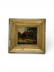 John Constable, This charming 19th-century oil painting on board captures a tranquil rural scene in the Continental tradition. The composition features a quaint, Oil on Board