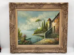 A serene landscape painting by Italian artist Romano Rossini depicting a quiet villa by the lake by Romano Rossini, Oil on Canvas, offered Jul 2026