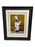 Humorous and expressive serigraph by celebrated French artist Guy Buffet depicting his well-known culinary character Chef Henry. The chef stands proudly in full white uniform and tall toque while examining a glass of wine by “Chef Henry” by Guy Buffet, Serigraph, offered Jul 2026