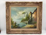 A serene landscape painting by Italian artist Romano Rossini depicting a quiet villa by the lake by Romano Rossini, Oil on Canvas, offered Jul 2026