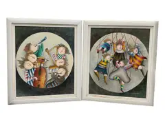 Joyce Roybal, Untitled, Oil on Canvas Quantity: 2 items (matching pair) Subject: Whimsical children musicians and children on swings Signature: Signed "J. Roybal" on the lower right of both pieces Frame
