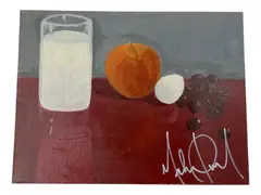 Michael Jackson, Still Life with Milk, Apple, and Egg, Oil on canvas board Signature: Signed in paint lower right